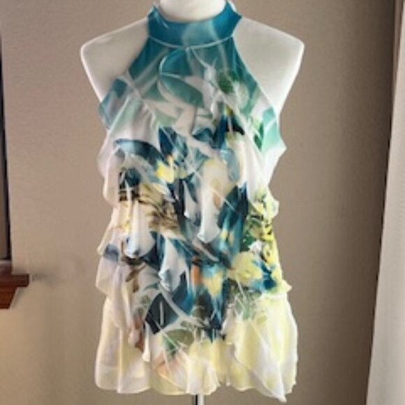 IZ Byer Large sleeveless halter top. Vibrant turquoise, blue, yellow, black. - Picture 2 of 5